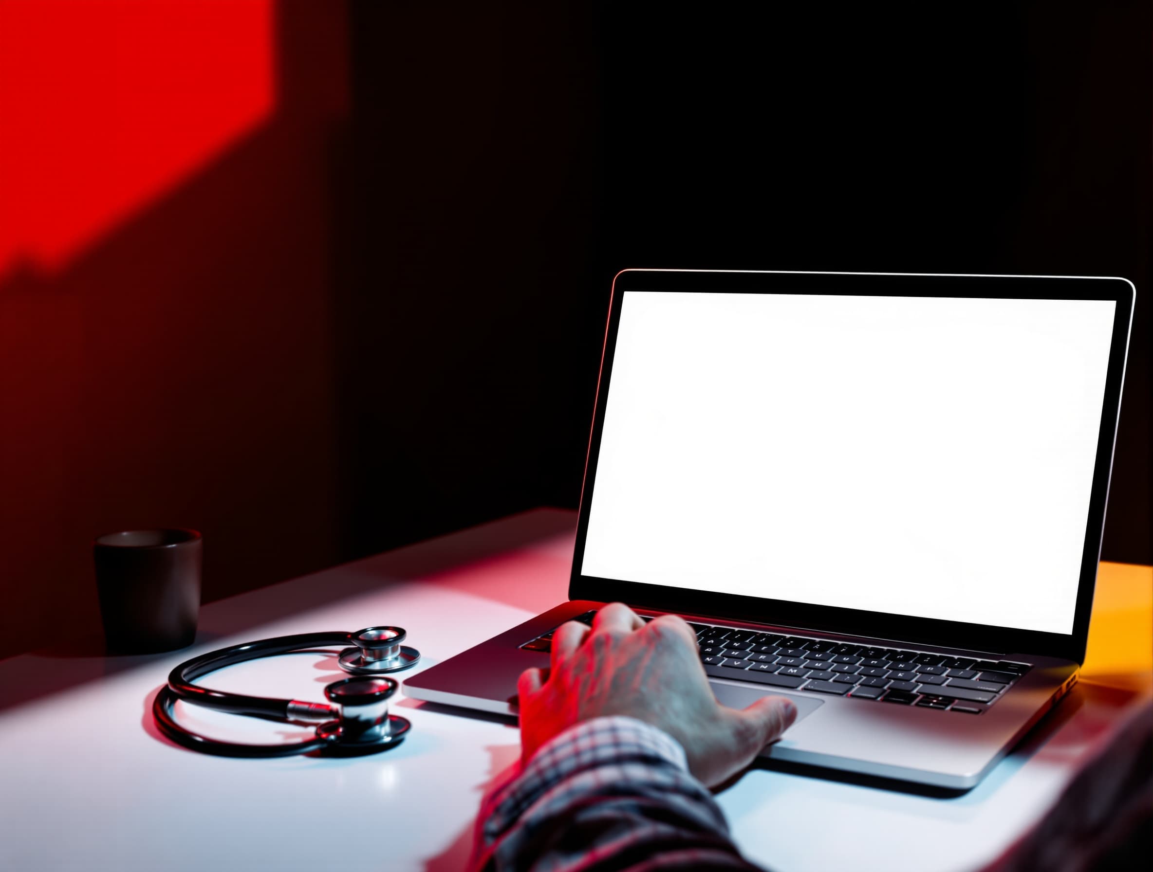 Laptop und Stethoskop auf dem Schreibtisch eines Arztes