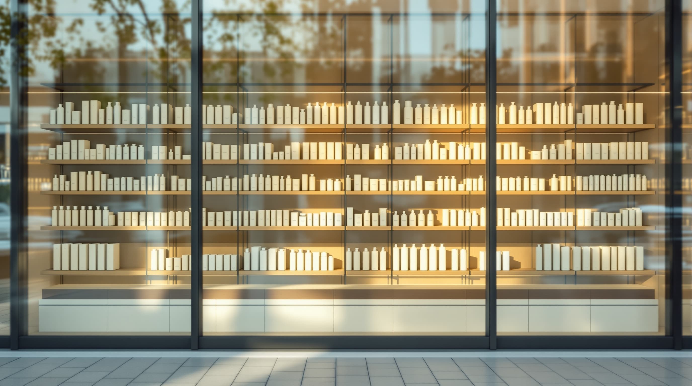Apothekenregale mit neutral verpackten Produkten in beigen Tönen, weiches Tageslicht durch eine Glasfront