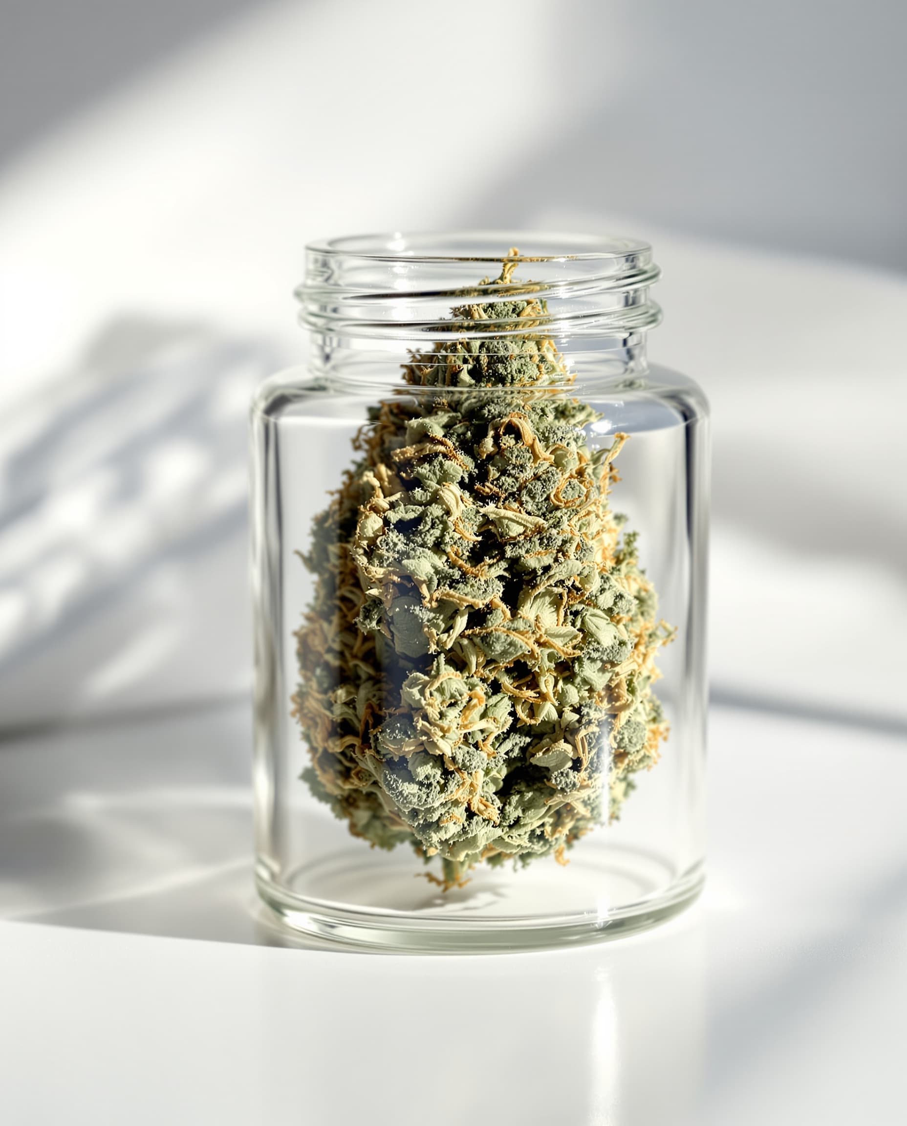 Medizinisches Cannabis in einem Apothekenglas, klinische Macro-Aufnahme