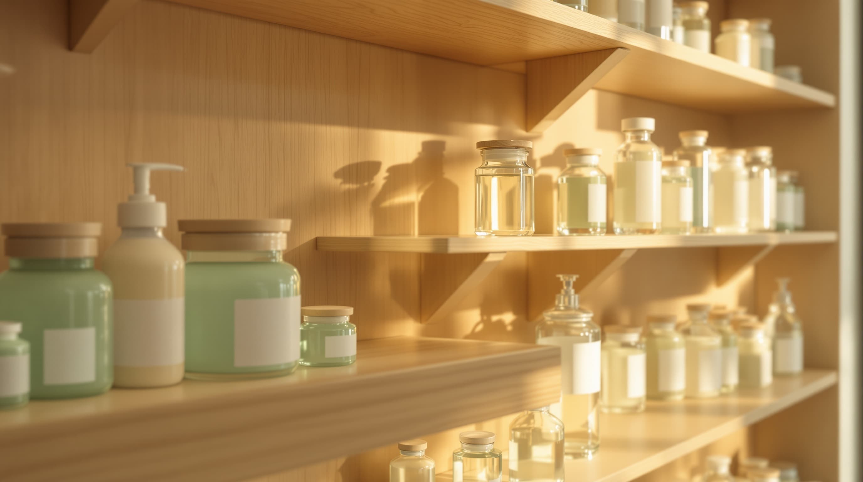 Apothekenregal mit Glasgefäßen in sage- und cremefarbenen Tönen, weiches Tageslicht